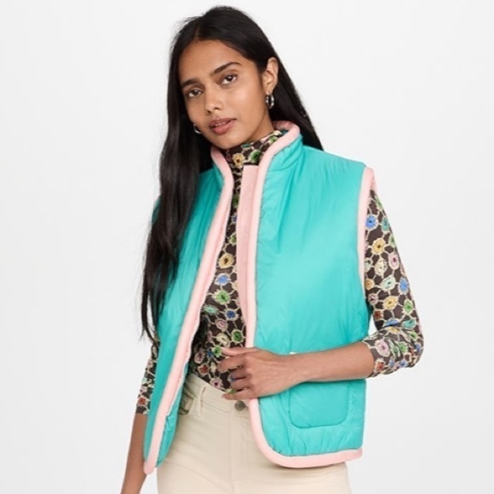 SIEDRES NWT 34 French US 2 XS Alen Blue Pink Piped Padded Vest‎ Jacket Full Zip